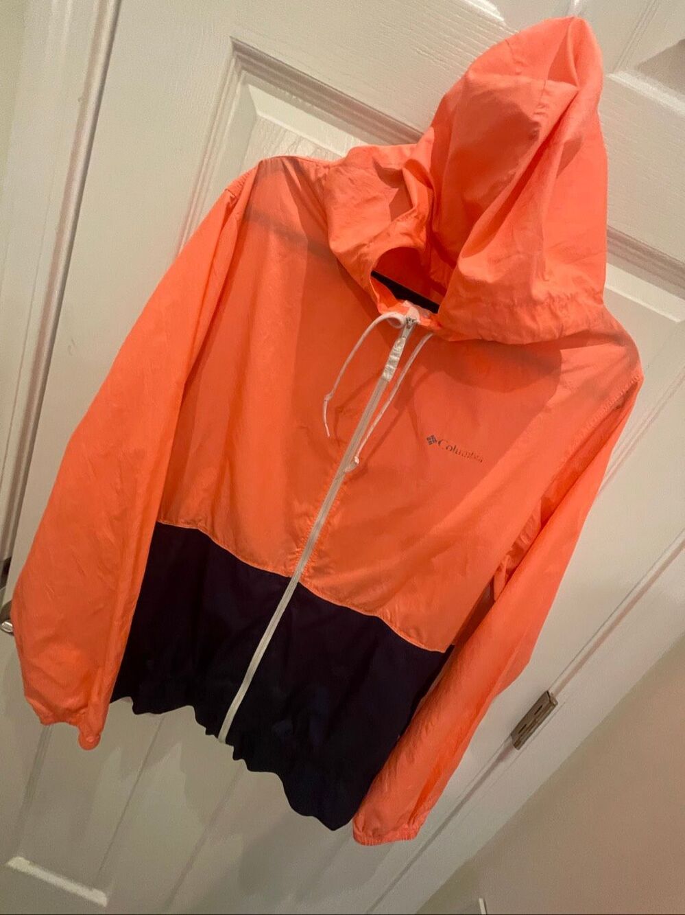 Columbia Sportswear XL Orange & Navy Colorblock Hooded Windbreaker Jacket